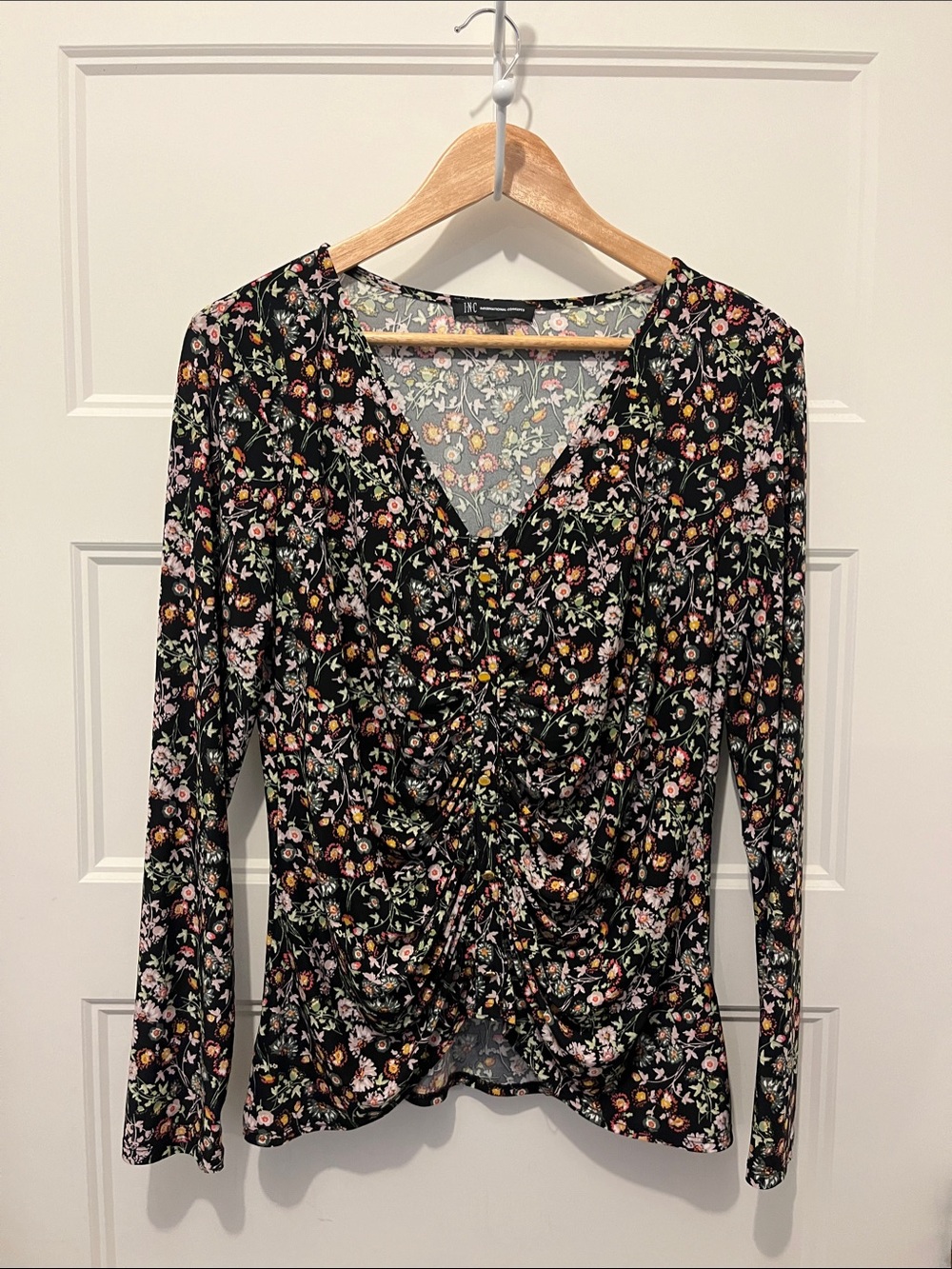 INC International Concepts Black Floral Long-Sleeve Twist Front Top